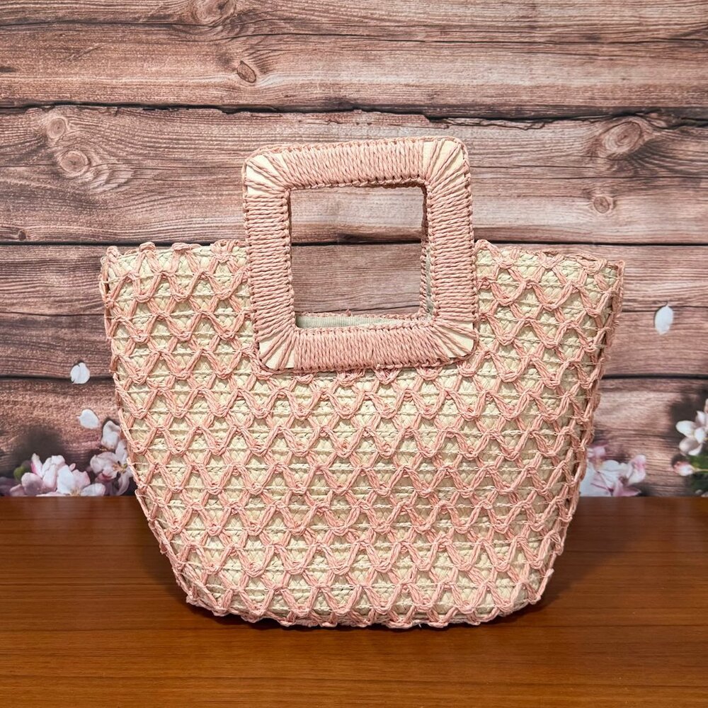 A New Day Paper Straw Handheld Small Tote Handbag Pink/Natural - Picture 5 of 8